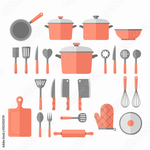 Collection of kitchen utensils and cookware flat design.