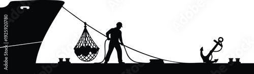 Silhouette vector art of labor day worker pulling cargo net on dock with ship anchor and mooring bollards in flat design celebration of worker holiday