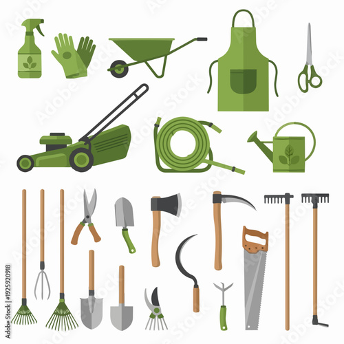 Collection of Gardening Tools and Equipment for Yard Work.