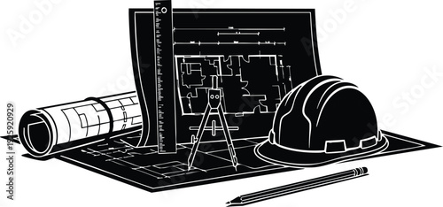 Black and white vector art of construction helmet blueprints pencil ruler and divider on table architectural design planning illustration for labor day celebration concepts