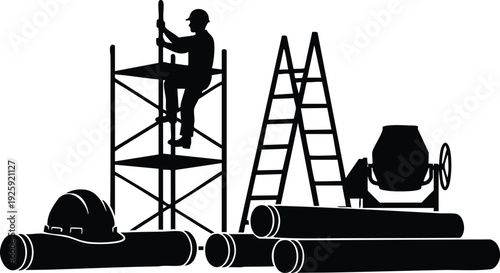 Black silhouette vector art of construction worker climbing scaffolding surrounded by ladder helmet pipes and concrete mixer on white background celebrating labor day