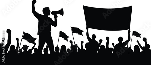 Vector art silhouette of crowd with raised fists and flags behind speaker shouting through megaphone at labor day rally protest demonstration
