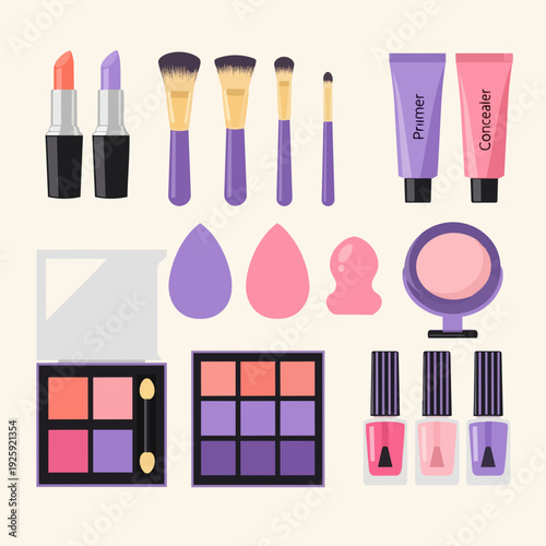 Collection of makeup products and tools for beauty.
