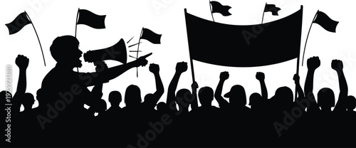 Silhouette of activist holding megaphone and pointing with crowd raising fists flags and banners during labor day protest celebration vector art design