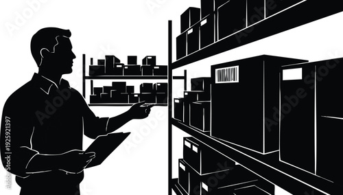 Black and white silhouette of man holding clipboard checking boxes on industrial shelves in warehouse labor day work celebration design
