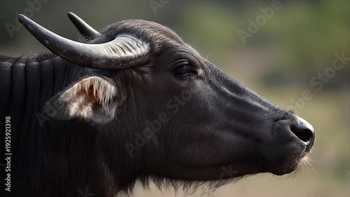 Profile portrait of a large dark-haired water buffalo with impressive horns in a sunny natural outdoor environment