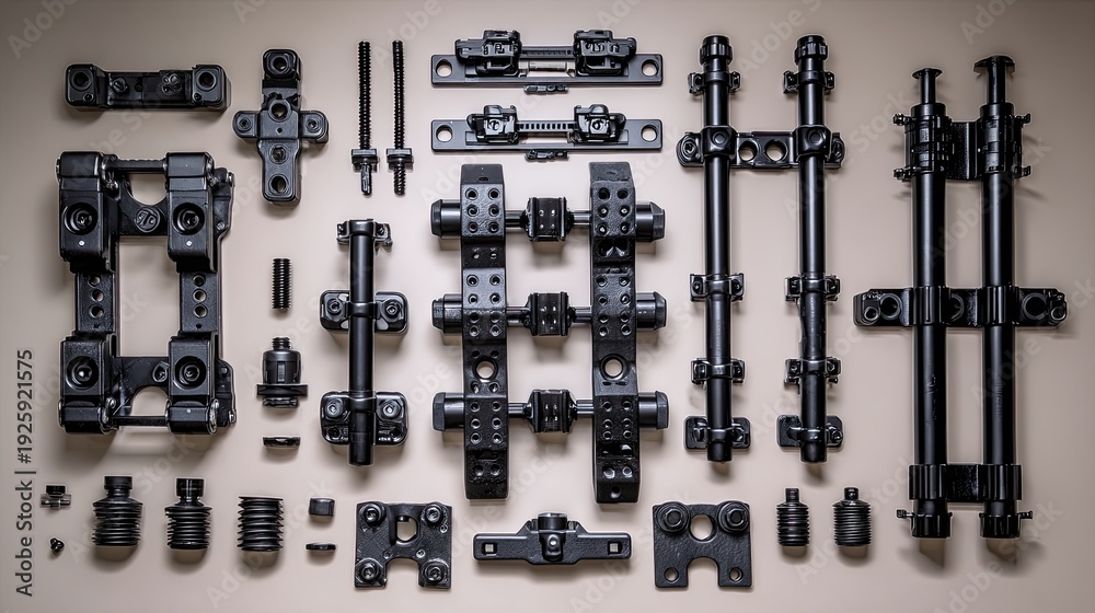 Obraz premium Detailed Engineering Components Arrangement on Neutral Background for Industrial and Mechanical Applications