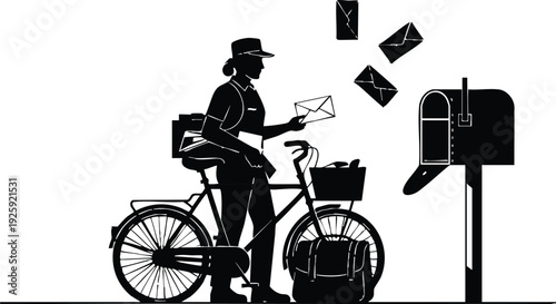 Minimalist black and white vector art of smiling postal worker delivering letters by bicycle outside mailbox with flying envelopes in labor day flat design style celebration