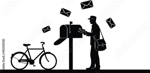 Flat design postal worker collecting letters from mailbox with bicycle delivery bag around shoulder detailed silhouette vector art for labor day celebration event