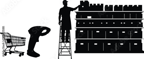 Silhouette of worker standing on ladder arranging boxes on high warehouse shelves with barcode scanner and shopping cart vector art for labor day celebration design