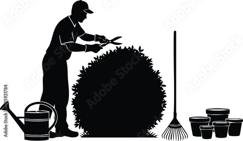 Silhouette of gardener trimming bush with shears near watering can rake and flower pots vector art black and white labor day holiday theme minimal design