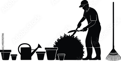 Flat design silhouette of person trimming hedges with gardening shears surrounded by pots watering can and rake on white background vector illustration labor day theme