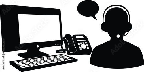 Black silhouette of a person with headset speaking near computer monitor keyboard and telephone flat design labor day support concept vector art