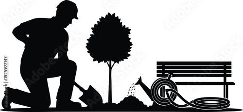Flat design vector art of person planting a tree watering garden hose near park bench bright simple black silhouette labor day concept illustration