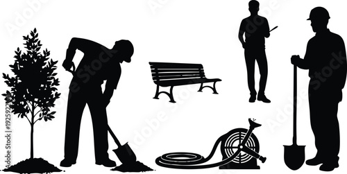Silhouettes of labor day workers planting tree shoveling soil standing with shovel near garden hose and park bench flat design vector art illustration