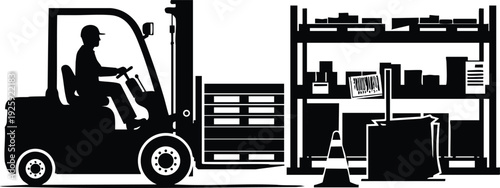 Black silhouette of forklift truck operator lifting pallet in industrial warehouse storage area with stacked boxes and safety cone in vector design
