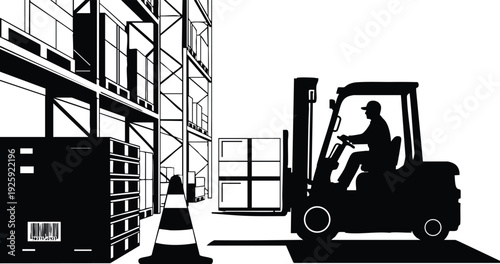 Black and white silhouette of forklift driver lifting pallets in warehouse storage area with safety cone close up side view industrial work environment labor day canva svg celebration design