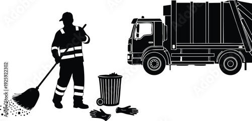 Vector art silhouette of sanitation worker sweeping trash beside garbage bin and garbage truck celebrating labor day with reflective vest and cap in simple black and white style