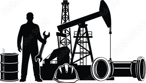 Silhouette of worker holding wrench near oil pump jack industrial drilling rig with barrel helmet and pipe vector labor day concept