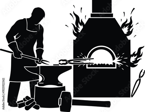 Labor day vector art showing blacksmith working with forged metal on anvil near blazing furnace detailed tool and fire silhouette design