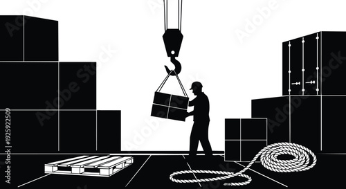 Silhouette of worker lifting box with crane hook on warehouse floor surrounded by stacked crates pallets and coiled rope illustrating labor day work celebration in vector style