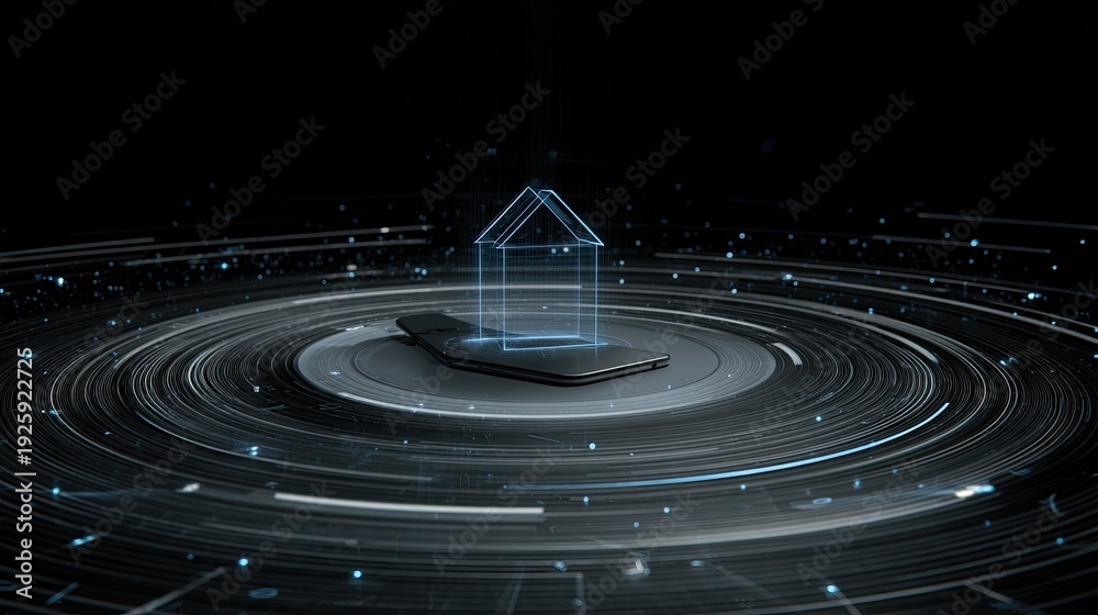Fototapeta premium Futuristic Mobile Technology Concept with Digital Home Icon in Abstract Circles on Dark Background