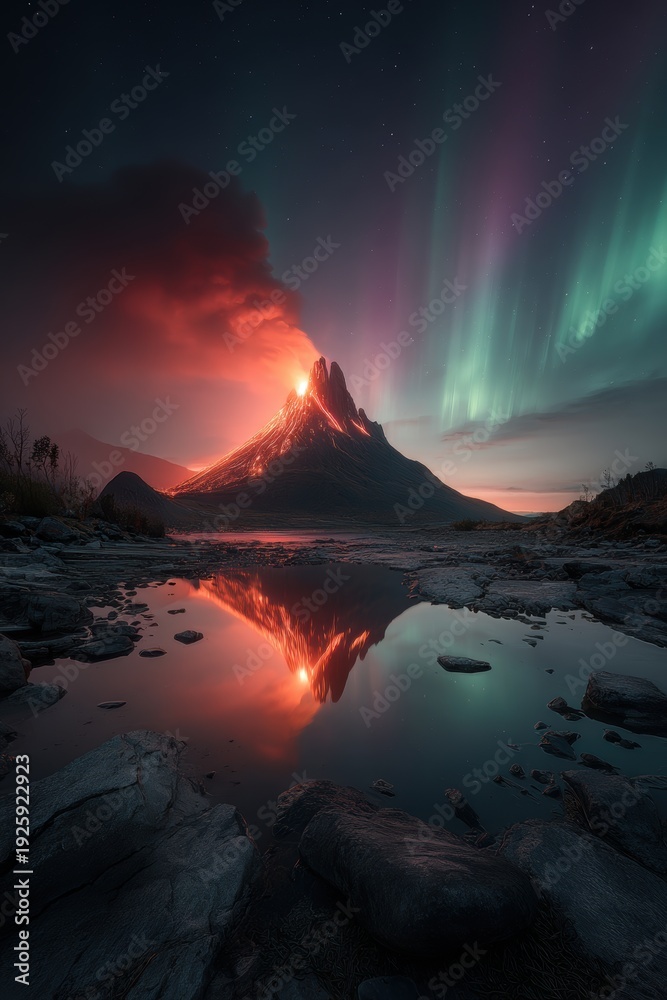 Fototapeta premium A breathtaking night scene of a volcano erupting, illuminated by the aurora borealis, casting a fiery orange and red hue across the landscape. Rocks and water reflect the skys colors.