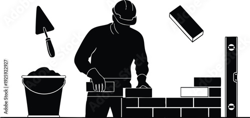 Minimalist vector art of construction worker laying bricks with trowel and bucket on labor day holiday celebration design in monochrome style