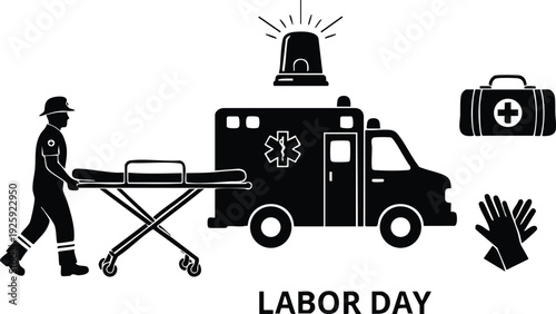 Minimalist black silhouette vector art of paramedic pushing stretcher near ambulance with medical bag and gloves symbol celebrating labor day in flat design style