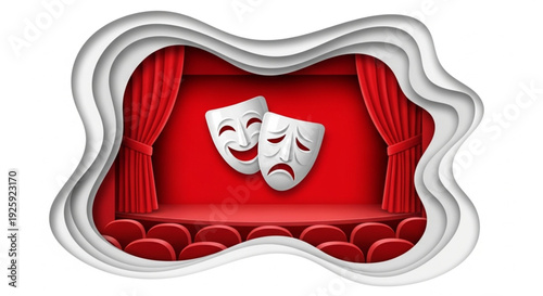 World Theatre Day Dramatic theatrical stage with comedy and tragedy masks, rendered in a captivating paper-cut style, symbolizing the performing arts and live entertainment