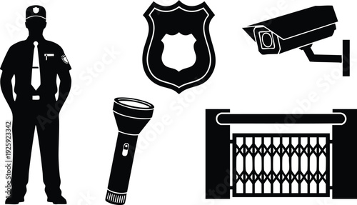 Colorful flat design labor day vector icons including police officer badge flashlight gate and security camera elements on white background