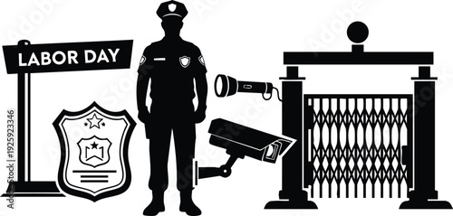 Black silhouette police officer standing near security gate and surveillance cameras with labor day sign and badge shield vector flat design illustration