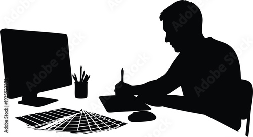 Silhouette of man using graphic tablet and pen working at desk with computer monitor pencil holder and color swatches vector art for labor day celebration creative design