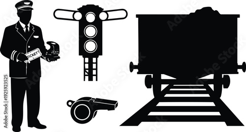 Flat design silhouette of train conductor holding ticket and puncher with railway signal and train wagon on track vector illustration for labor day celebration