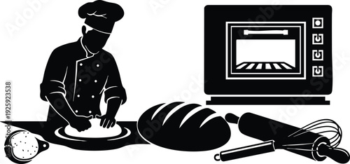 Black silhouette chef preparing dough with bread rolling pin oven and whisk kitchen cooking labor day celebration vector art design