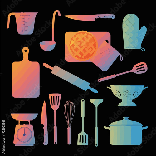 Collection of colorful kitchen utensils and cooking equipment.