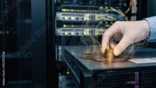 Data center energy consumption high voltage power cost concept with server rack and hand in glove stacking coin on hot metal surface with dramatic smoke rising upward
