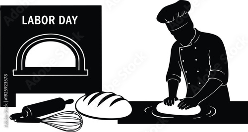 Black and white vector art of chef baker preparing dough with rolling pin and whisk near oven with labor day text celebrating worker appreciation holiday festive scene