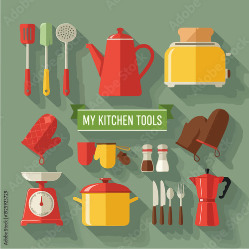 Collection of colorful kitchen utensils and appliances.