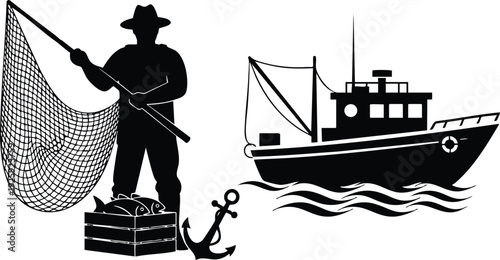 Black silhouette of fisherman holding fishing net near crate of fish and anchor with fishing boat sailing in wavy water vector art labor day theme canva svg style