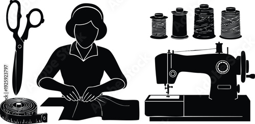 Minimalist vector art of woman sewing fabric with sewing machine threads scissors and measuring tape in flat design style celebrating labor day craft and handiwork