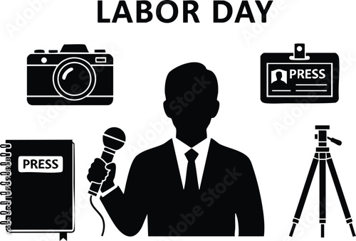 Black silhouette reporter holding microphone with press card camera tripod and notebook vector design celebrating labor day theme in minimalist style