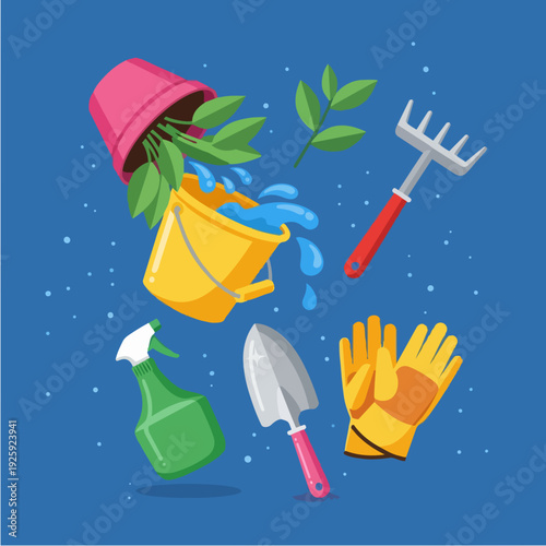 Gardening tools and supplies for planting and watering plants.