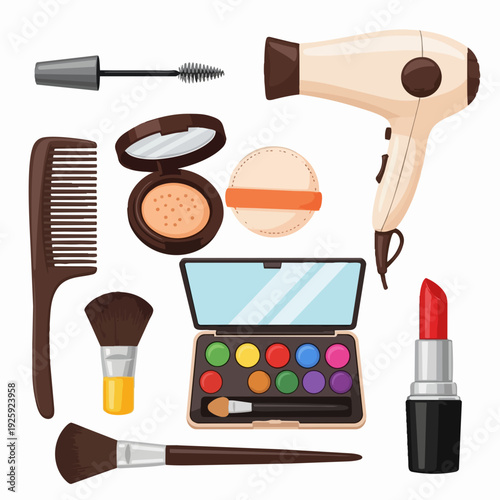 Collection of makeup and hair styling beauty products.