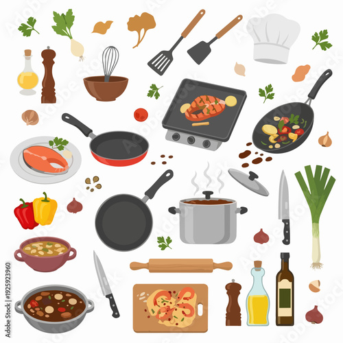 Collection of cooking utensils and food items.