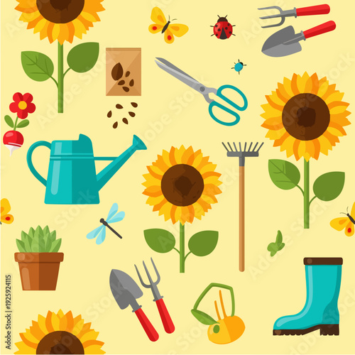 Gardening tools and sunflowers seamless pattern.
