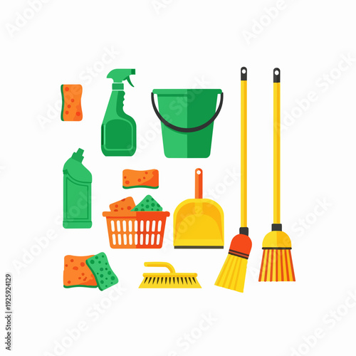 Collection of cleaning supplies and tools for home hygiene.