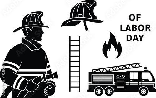 Silhouette vector art of firefighter holding hose with fire helmet ladder fire truck and labor day text celebrating worker hero profession in flat design style