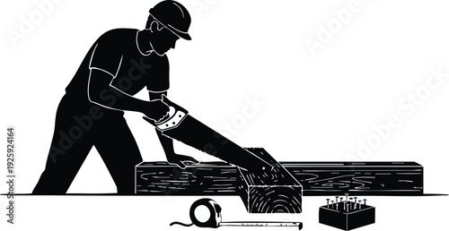 Black silhouette of construction worker sawing wooden plank with handsaw wearing hardhat near tape measure and box of nails vector illustration for labor day celebration