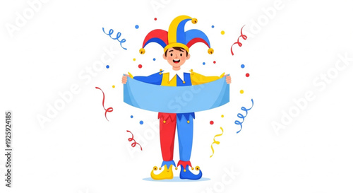 April Fools Day A cheerful jester in a traditional costume holds a blank banner surrounded by confetti, ready for a festive announcement or prank